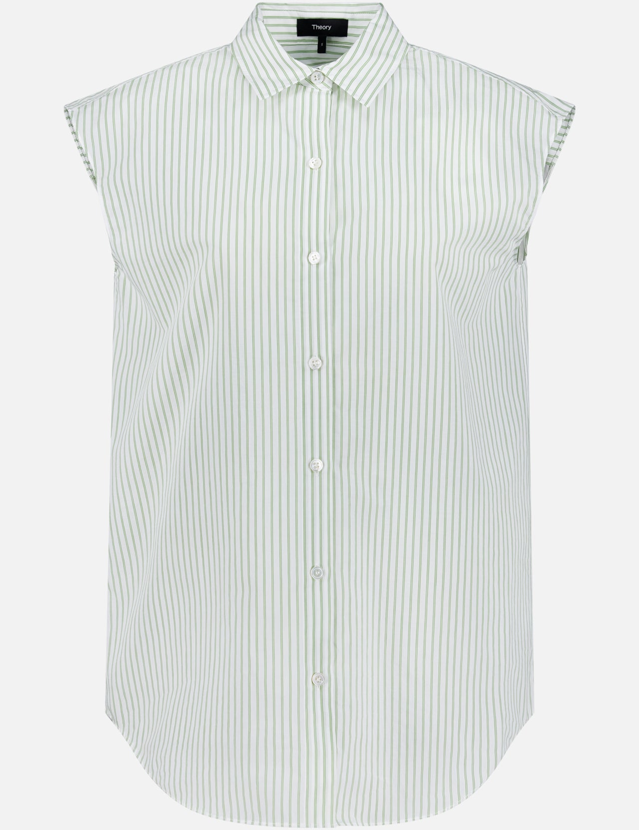 The THEORY Sleeveless Boyfriend Shirt features light green and white vertical stripes, a pointed collar, relaxed fit, and menswear-inspired style for an effortlessly chic look.