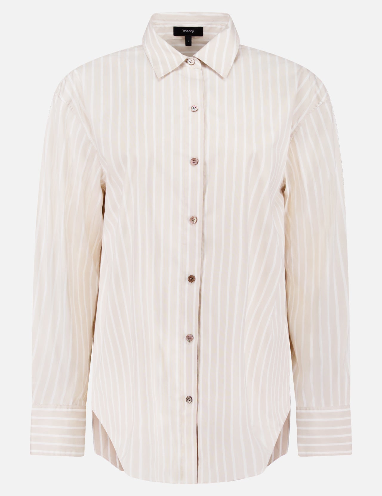 The THEORY Striped Oversized Boyfriend Shirt features cream fabric with subtle vertical white stripes, a classic collar, and a relaxed menswear-inspired fit, shown against a plain white background.