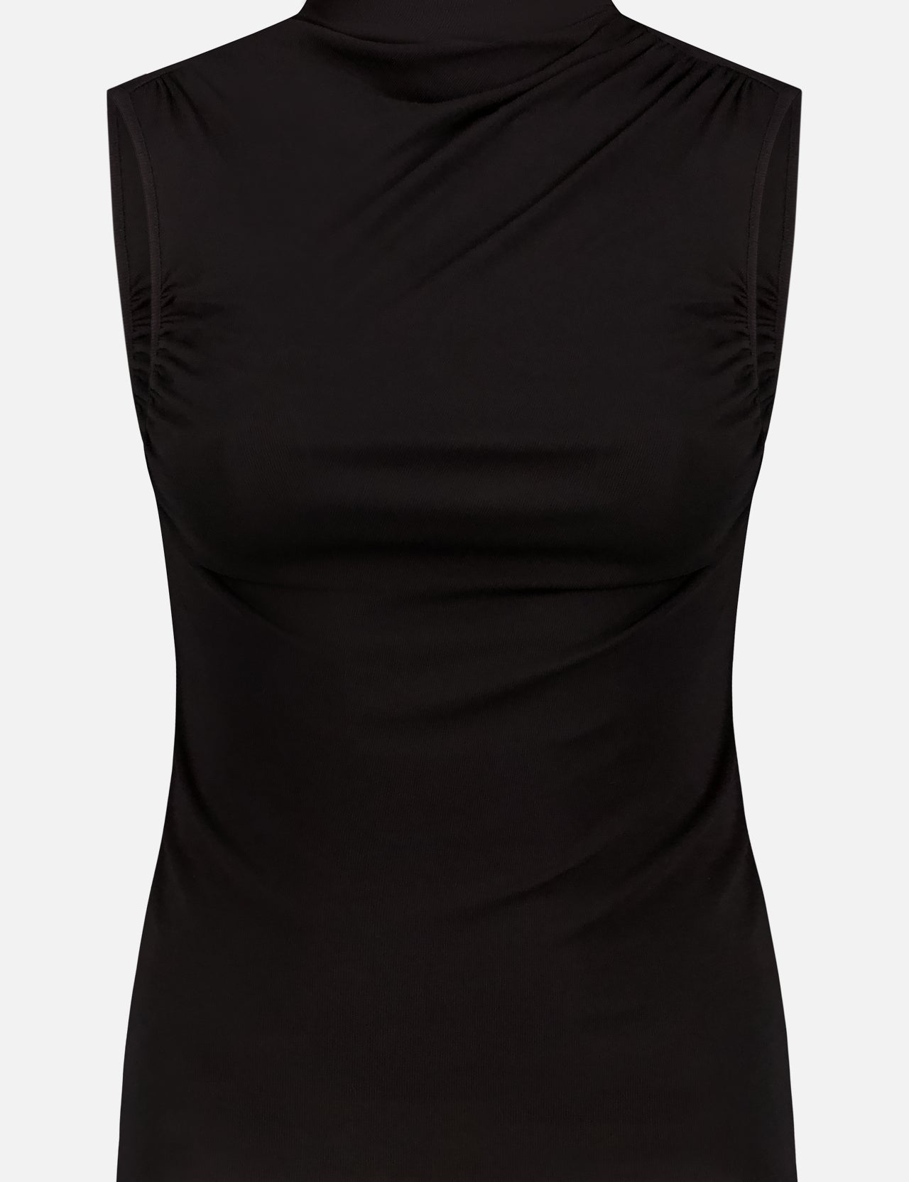 The THEORY Subtle Drape Ribbed Top is a sleeveless black mock-neck with subtle shoulder ruching and a fitted silhouette, shown against a plain white background.