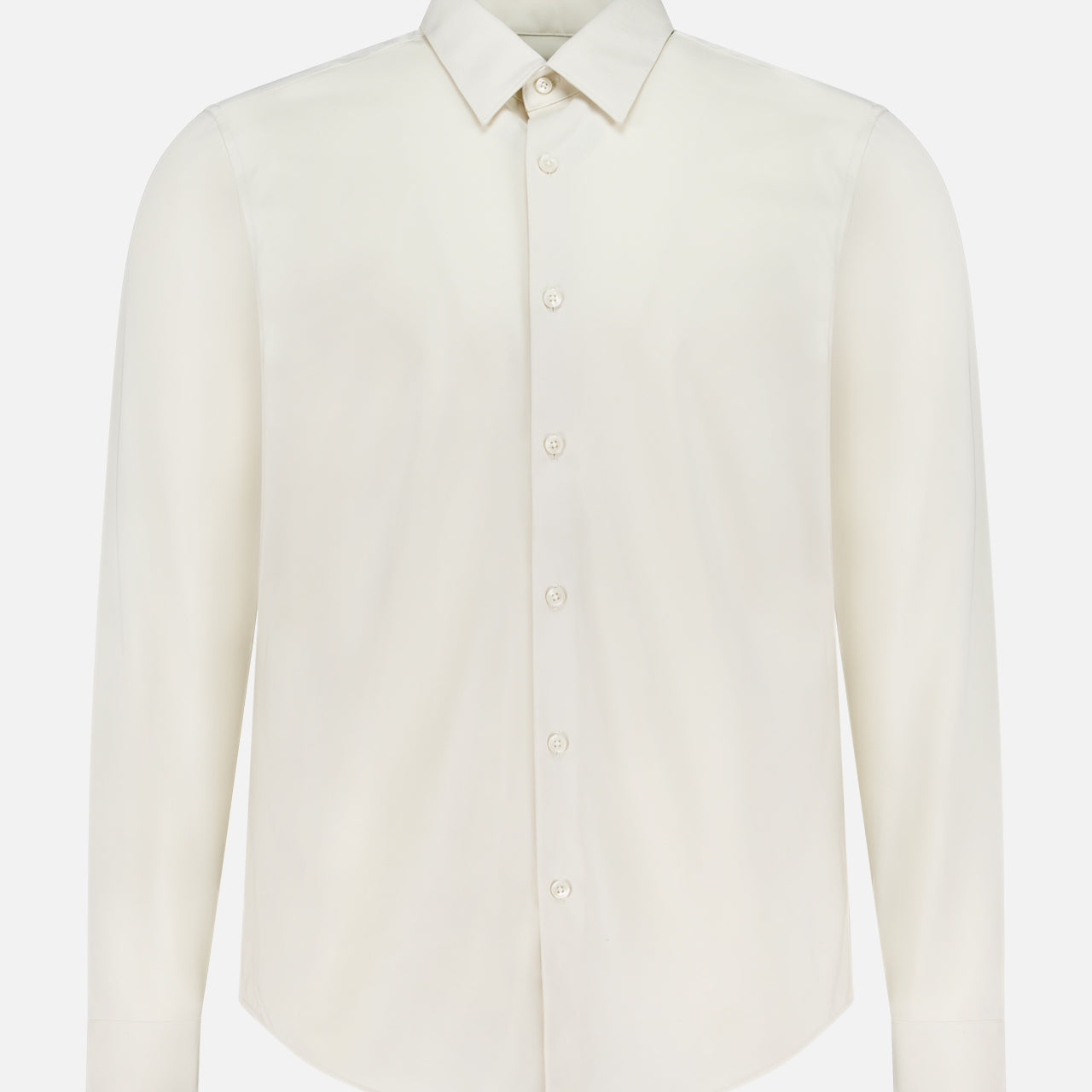 The THEORY Sylvain Slim Structure Shirt is a plain, off-white, long-sleeved slim fit dress shirt with a pointed collar, displayed against a white background.