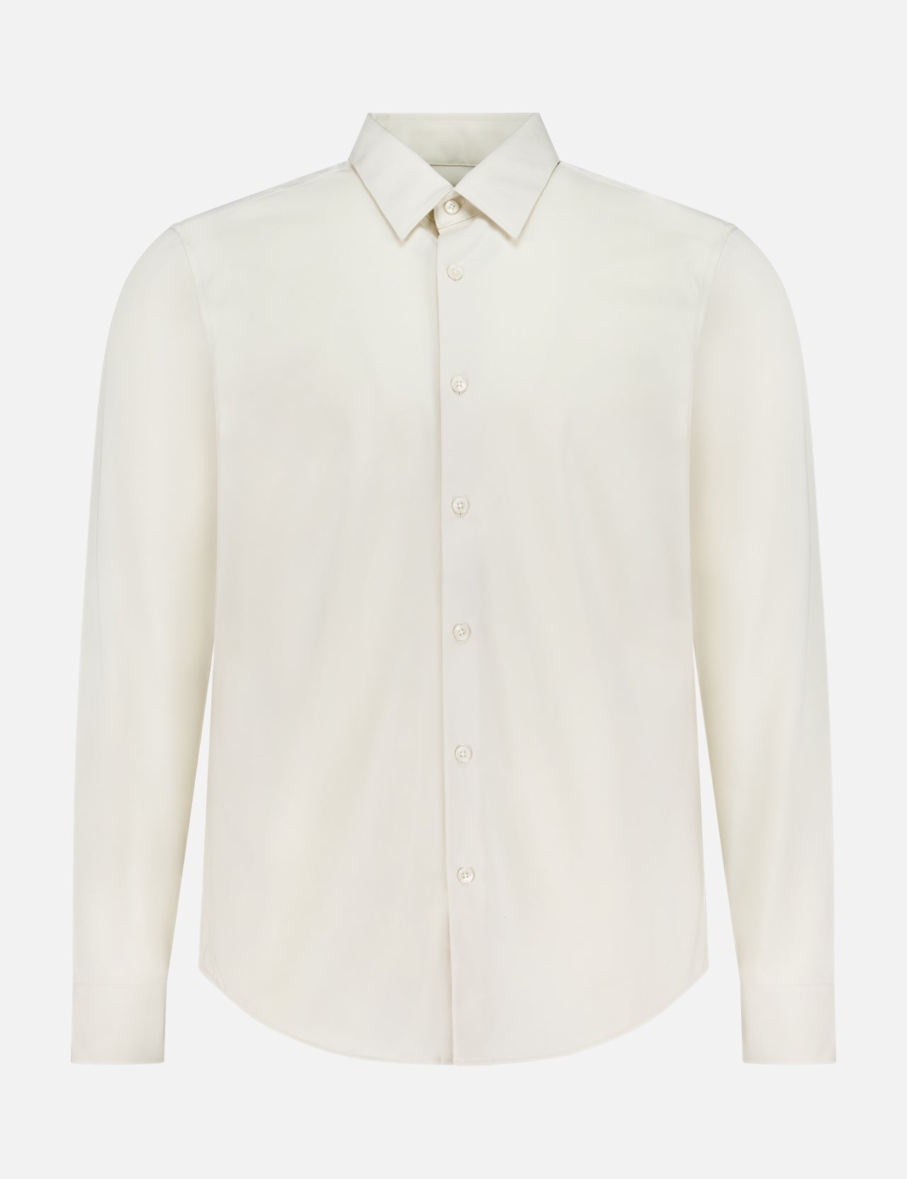The THEORY Sylvain Slim Structure Shirt is a plain, off-white, long-sleeved slim fit dress shirt with a pointed collar, displayed against a white background.