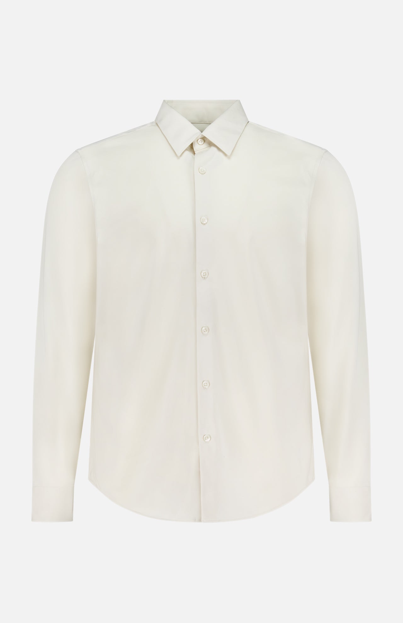 The THEORY Sylvain Slim Structure Shirt is a plain, off-white, long-sleeved slim fit dress shirt with a pointed collar, displayed against a white background.