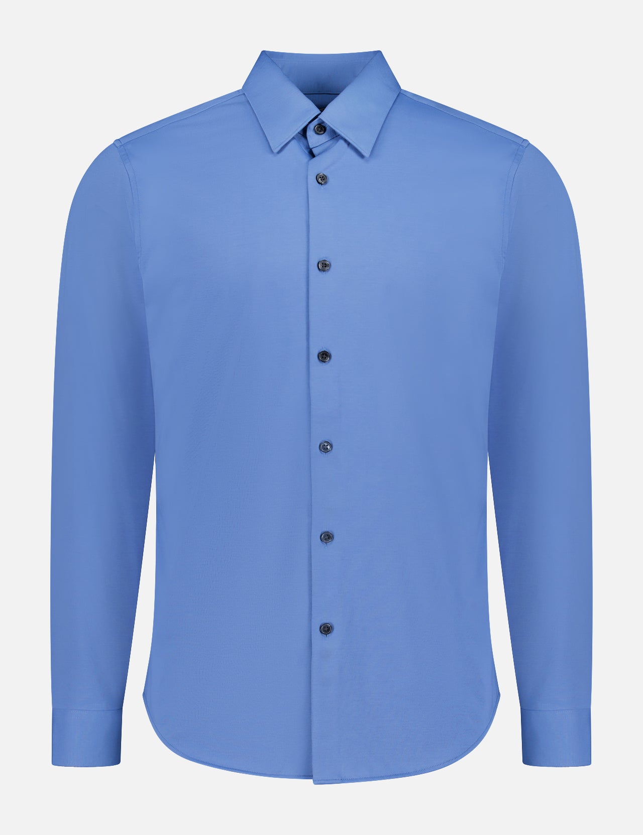 The THEORY Sylvian Wrinkle Resistant Structure Shirt is a slim fit, long-sleeve dress shirt in light blue with a pointed collar and dark buttons, shown against a white background.