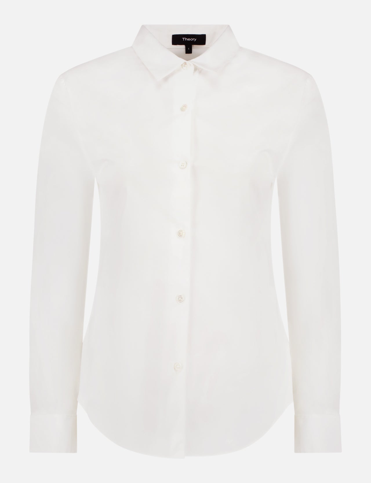 The THEORY Tenia Shirt is a classic white button-front with a spread collar and relaxed fit, displayed on a plain white background.