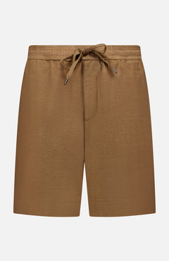 THEORY Terry Drawstring Short: Relaxed, classic brown shorts with an elastic waistband, flat front, side pockets, and metal-tipped drawstrings. Displayed against a plain white background.