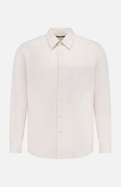 The THEORY Flannel Finish Weekend Shirt is an off-white, long-sleeved, button-up collared shirt with a single chest pocket and relaxed silhouette, shown against a white background.