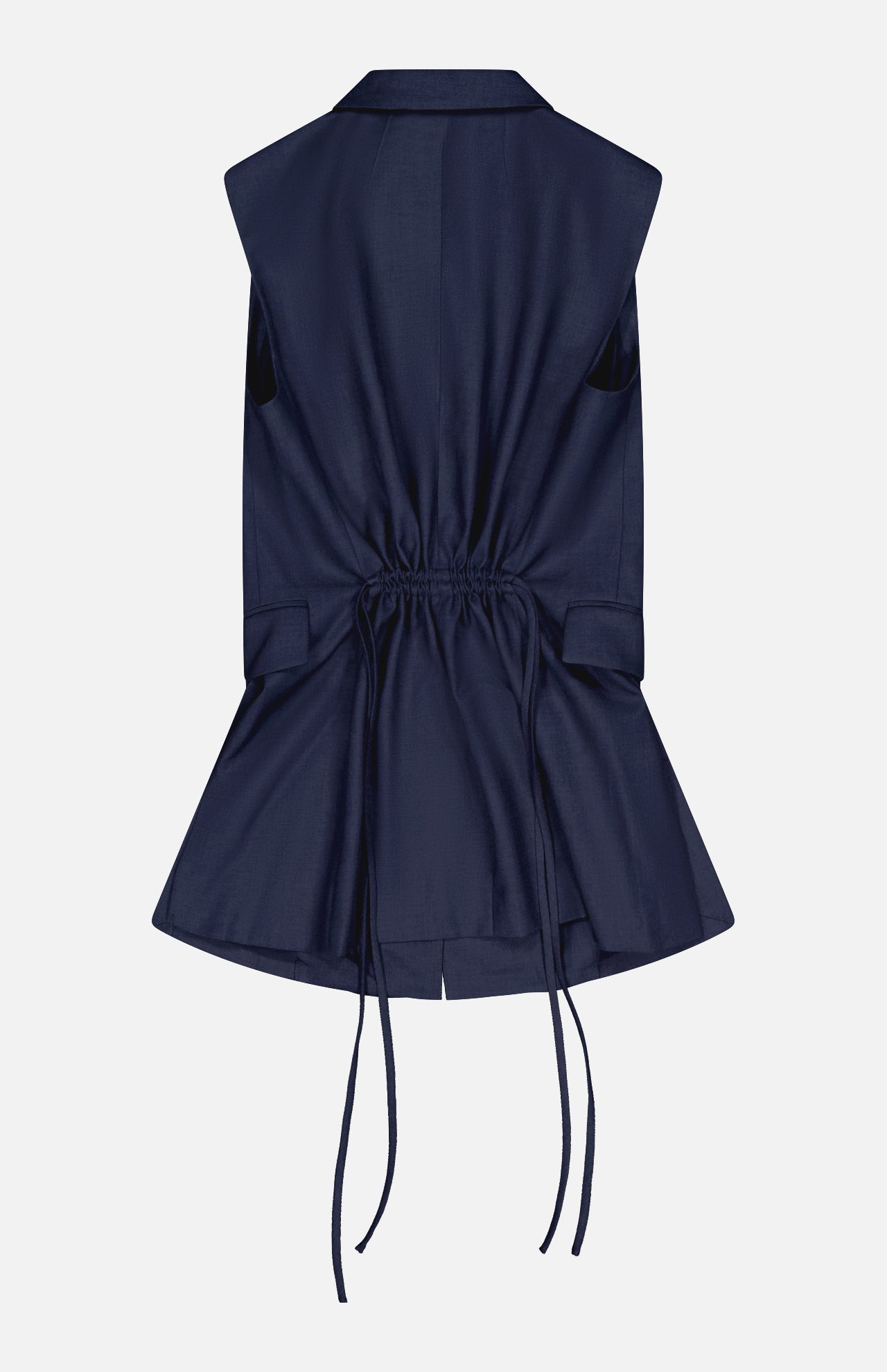 THEORY's 3 Button Sleeveless Vest in navy blue features a back view with a cinched waist and adjustable drawstring ties, complemented by a flared hem—ideal for summer office style.