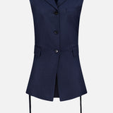 THEORY's 3 Button Sleeveless Vest features a notched collar, flap and chest pockets, and long hem ties. In classic navy, it's ideal for women's suiting sets and perfect for summer office wear. Shown on a plain white background.
