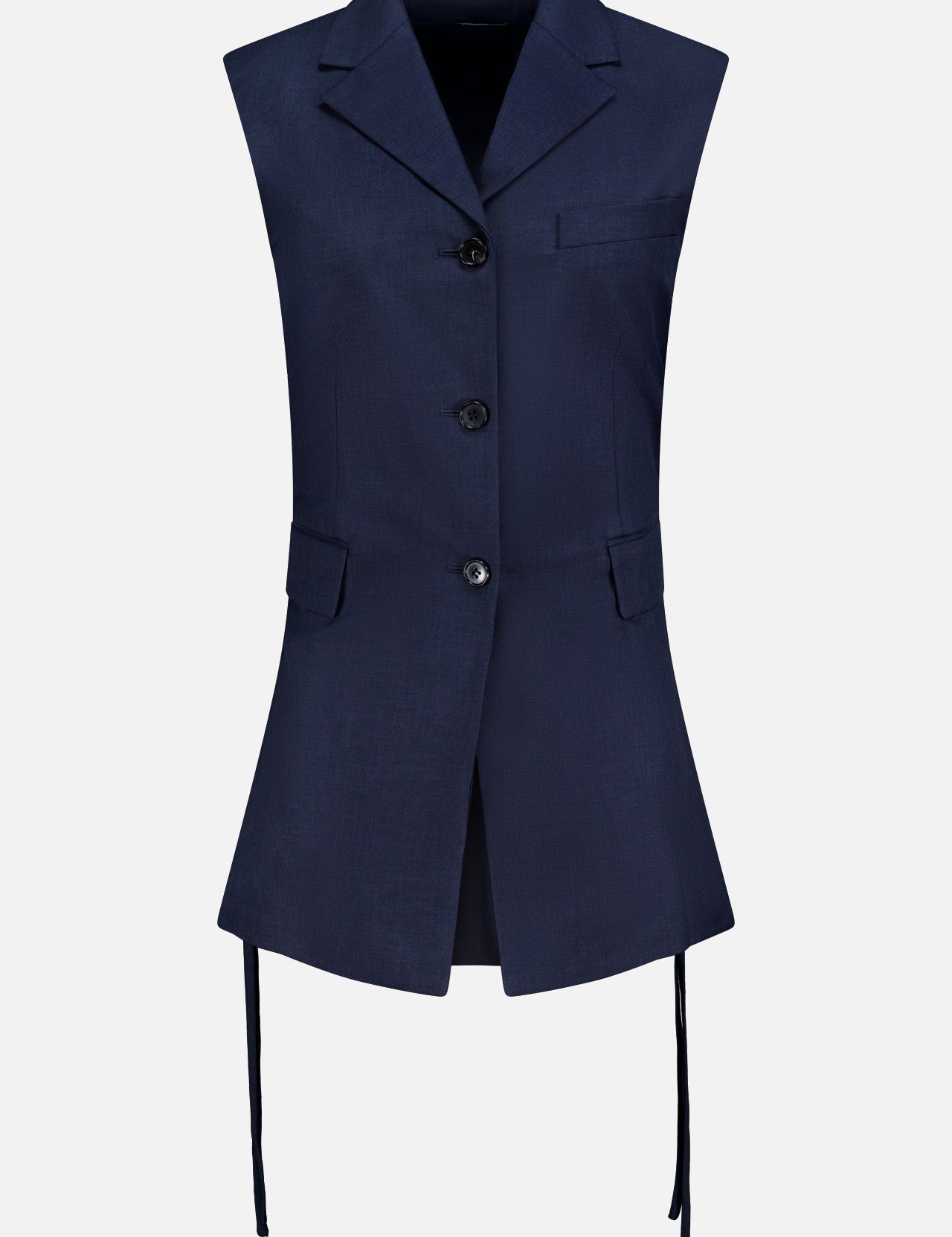 THEORY's 3 Button Sleeveless Vest features a notched collar, flap and chest pockets, and long hem ties. In classic navy, it's ideal for women's suiting sets and perfect for summer office wear. Shown on a plain white background.