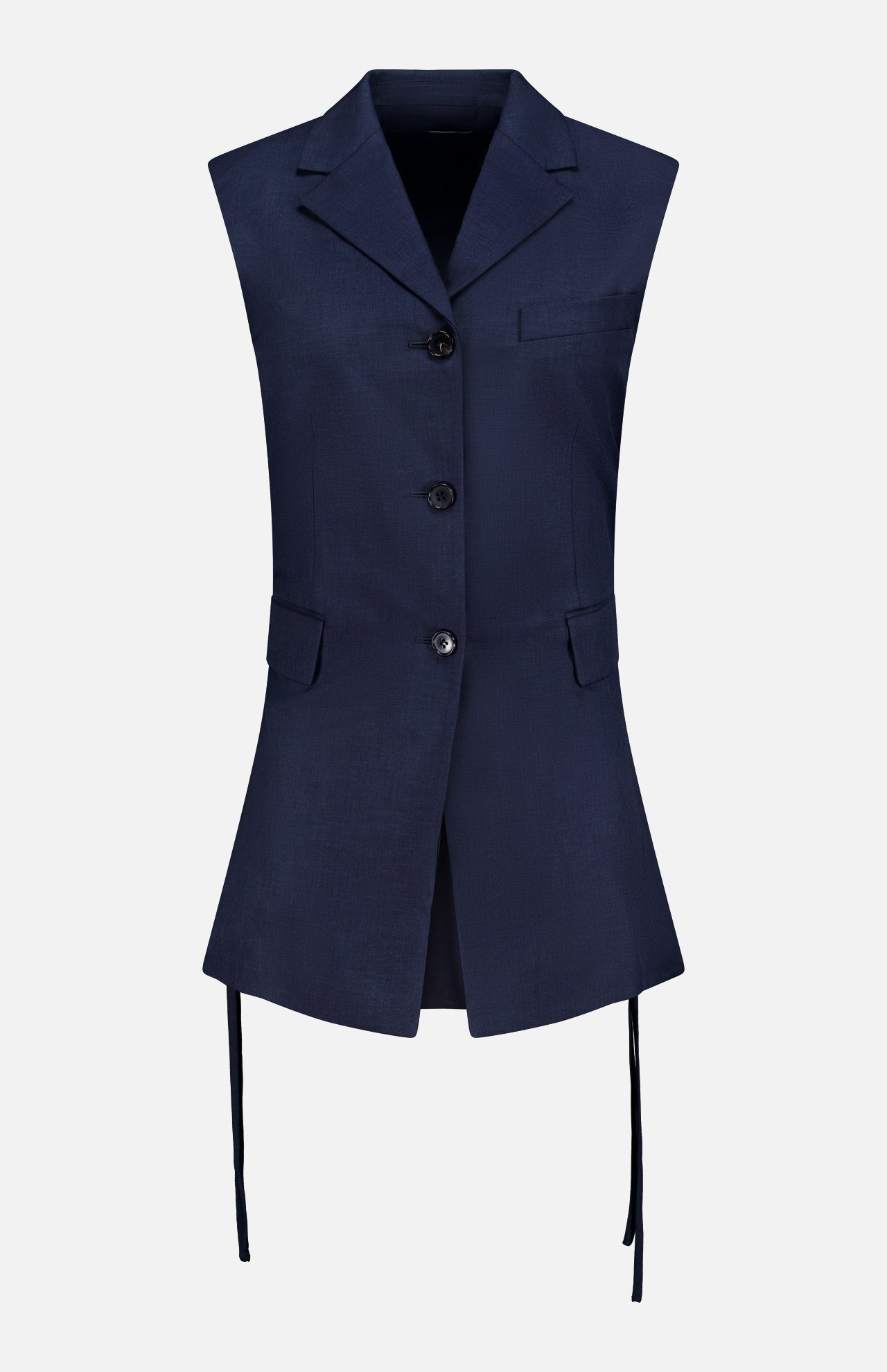THEORY's 3 Button Sleeveless Vest features a notched collar, flap and chest pockets, and long hem ties. In classic navy, it's ideal for women's suiting sets and perfect for summer office wear. Shown on a plain white background.