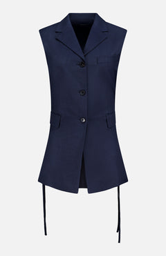 THEORY's 3 Button Sleeveless Vest features a notched collar, flap and chest pockets, and long hem ties. In classic navy, it's ideal for women's suiting sets and perfect for summer office wear. Shown on a plain white background.