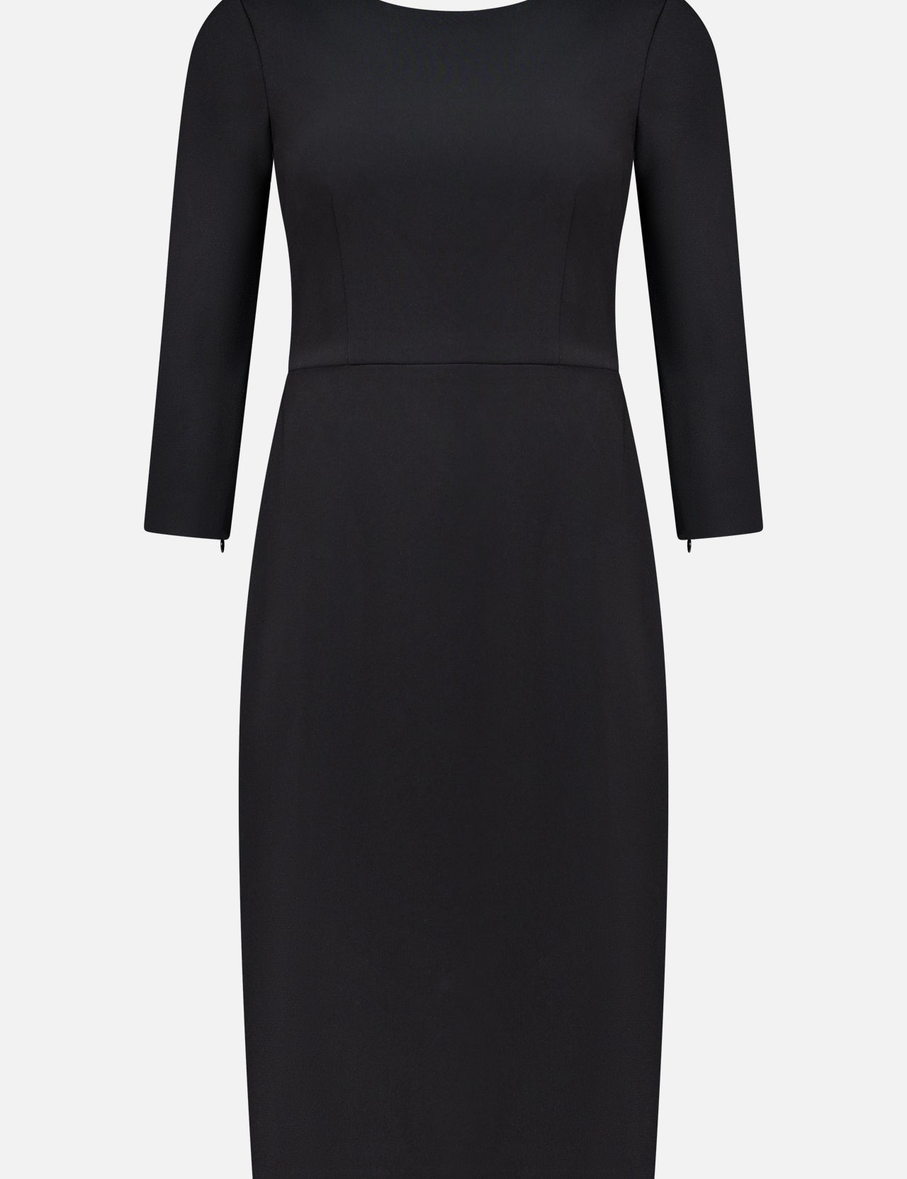 Theory Admiral Varetta Midi Dress in black, featuring a sheath silhouette, wide boat neck, and three-quarter length sleeves.