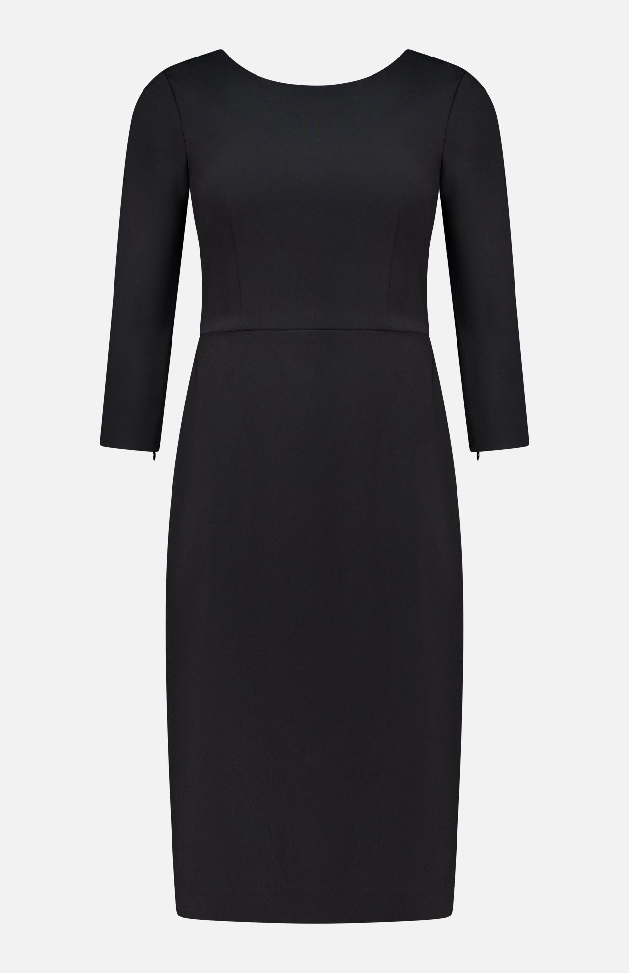 Theory Admiral Varetta Midi Dress in black, featuring a sheath silhouette, wide boat neck, and three-quarter length sleeves.