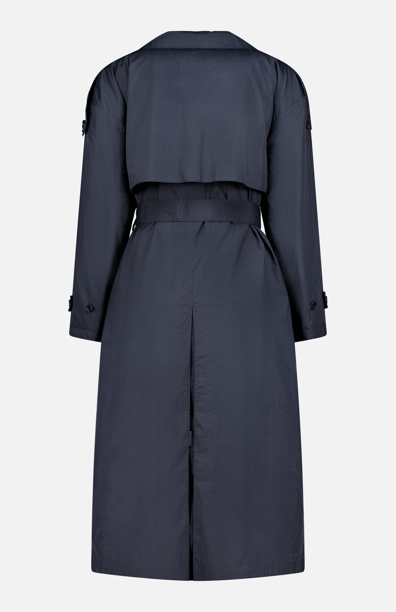 THEORY's Airy Nylon Trench Coat in dark navy features a double-breasted design, storm flap, belted waist, long sleeves with buttoned straps, and a center back vent—an essential piece for any capsule wardrobe.