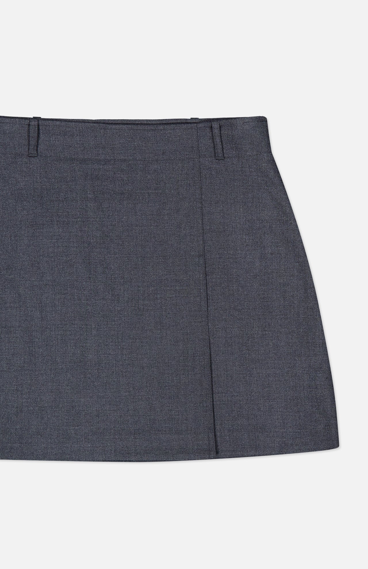 A gray Aline Pleated Mini Skirt by THEORY, featuring belt loops and a subtle front seam, is displayed on a white background.