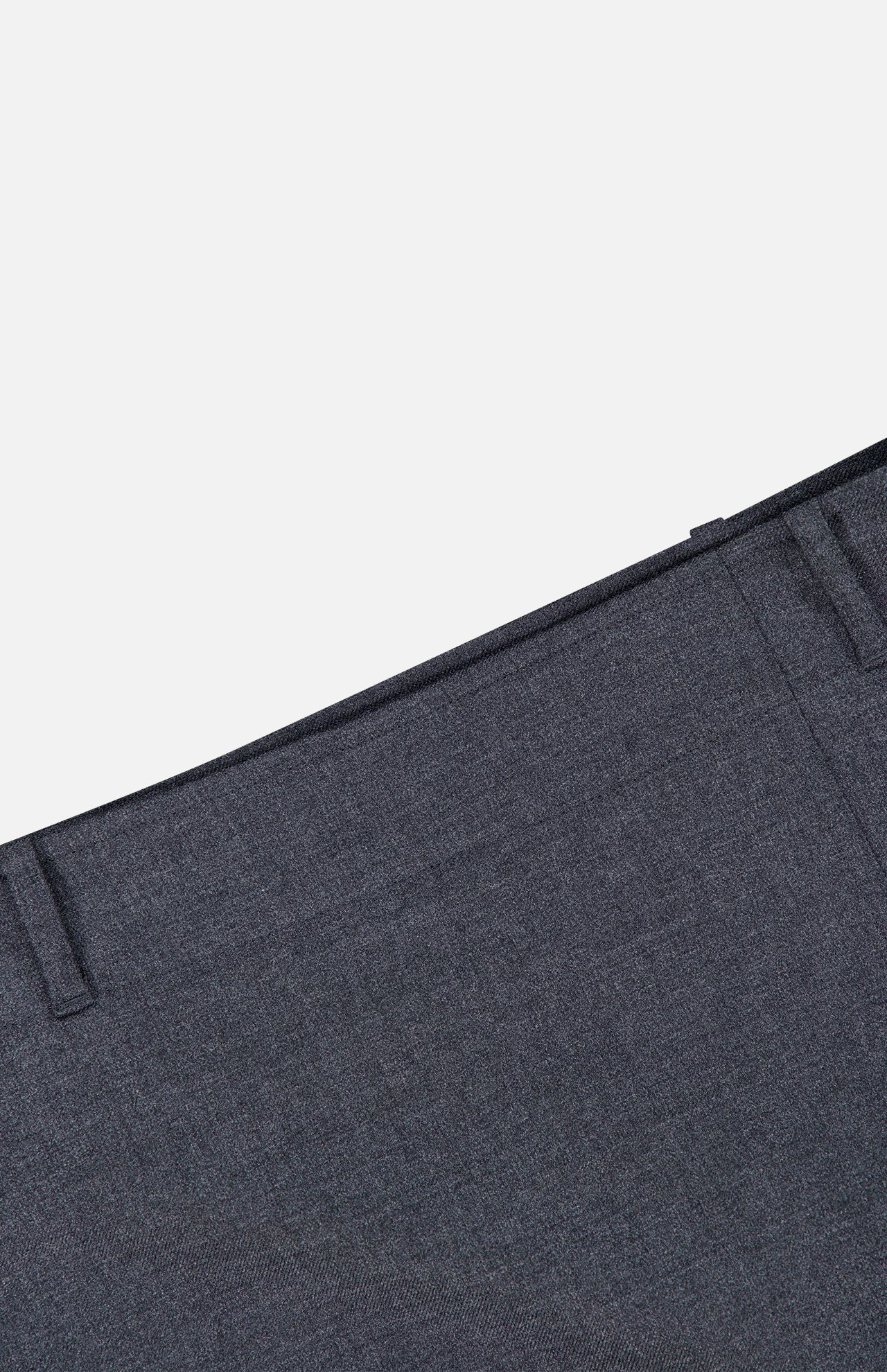 Close-up of the waistband and belt loops on the THEORY Aline Pleated Mini Skirt in dark gray wool-blend, set against a plain white background.