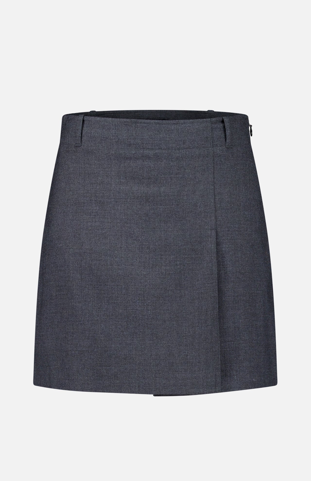 THEORY Aline Pleated Mini Skirt in dark gray, featuring a knee-length silhouette with belt loops and a subtle front fold, displayed on a plain white background.