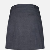 The THEORY Aline Pleated Mini Skirt is a dark gray, straight-cut wool-blend mini skirt featuring a waistband, belt loops, and a single welt pocket on the back, shown against a plain white background.