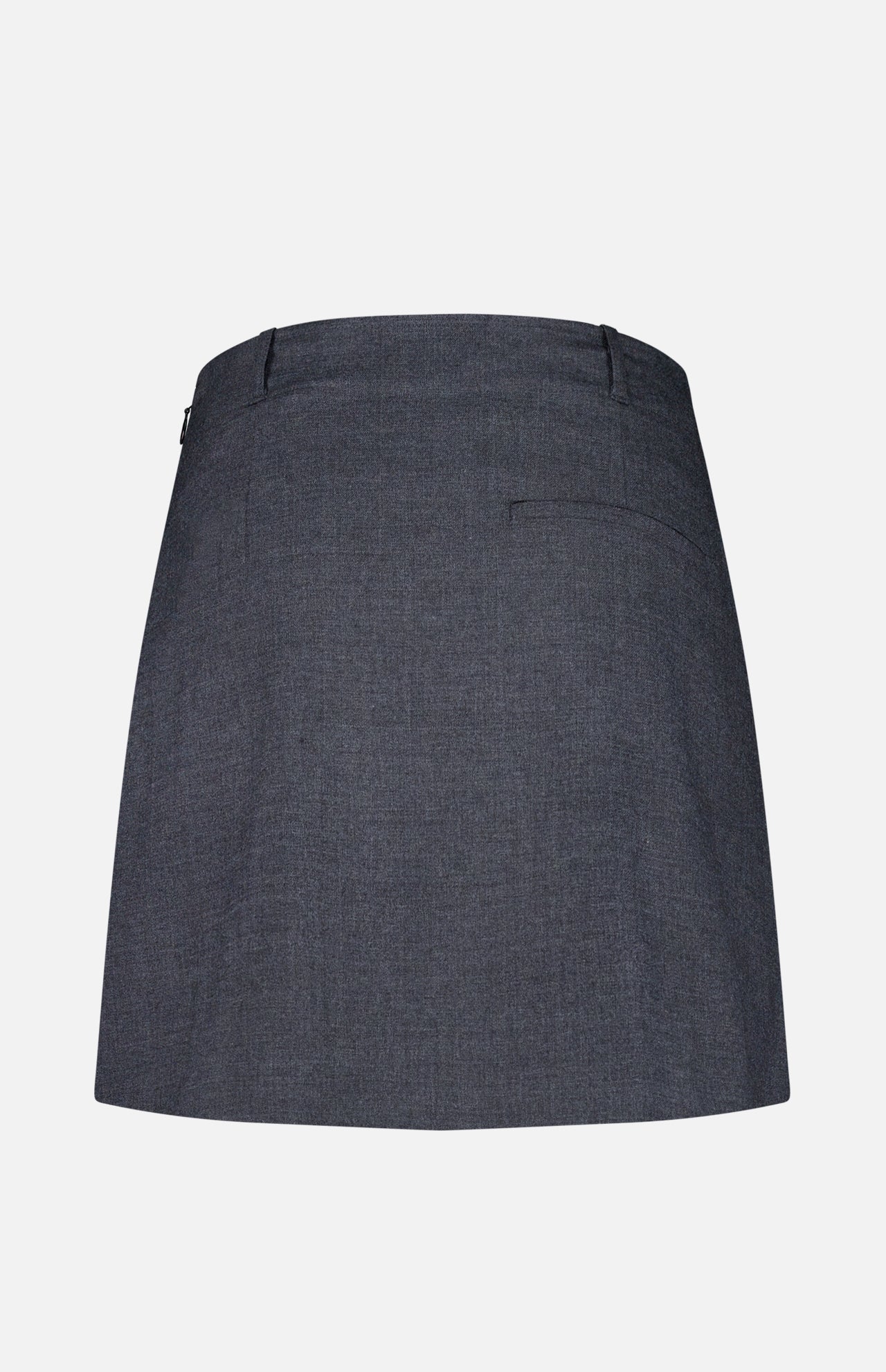 The THEORY Aline Pleated Mini Skirt is a dark gray, straight-cut wool-blend mini skirt featuring a waistband, belt loops, and a single welt pocket on the back, shown against a plain white background.