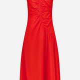The THEORY Asymmetrical Ruched Tank Dress is a sleeveless, red midi with a round neckline and asymmetric ruching, crafted from smooth, lightweight fabric—ideal for casual wear.