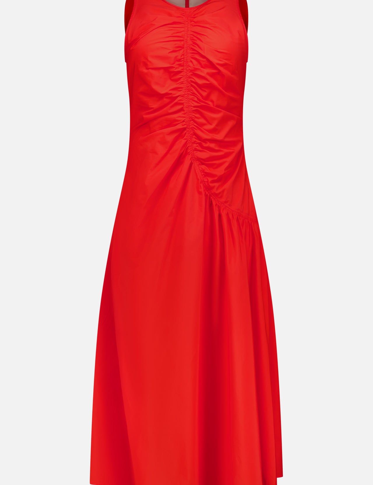 The THEORY Asymmetrical Ruched Tank Dress is a sleeveless, red midi with a round neckline and asymmetric ruching, crafted from smooth, lightweight fabric—ideal for casual wear.
