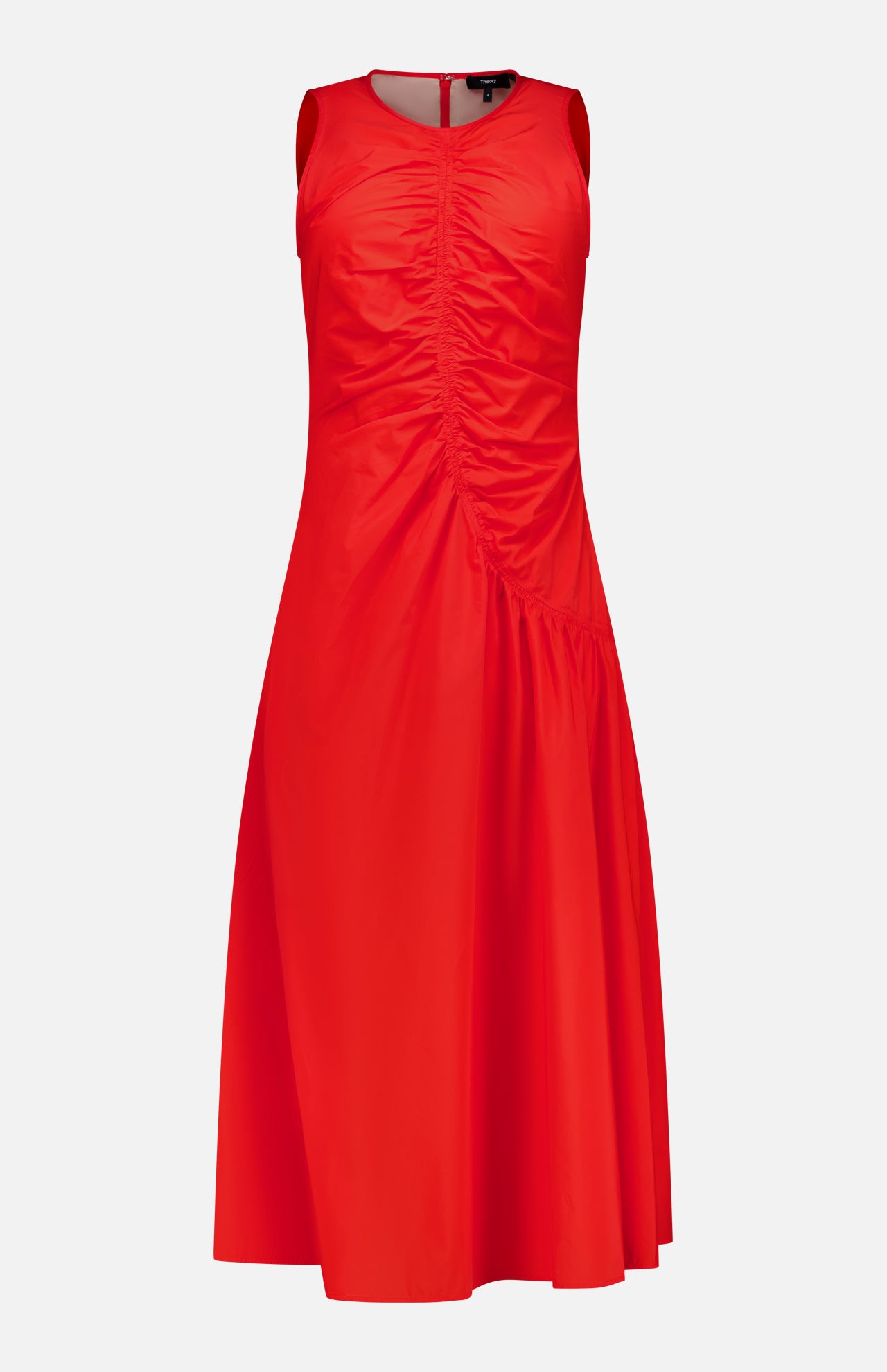 The THEORY Asymmetrical Ruched Tank Dress is a sleeveless, red midi with a round neckline and asymmetric ruching, crafted from smooth, lightweight fabric—ideal for casual wear.