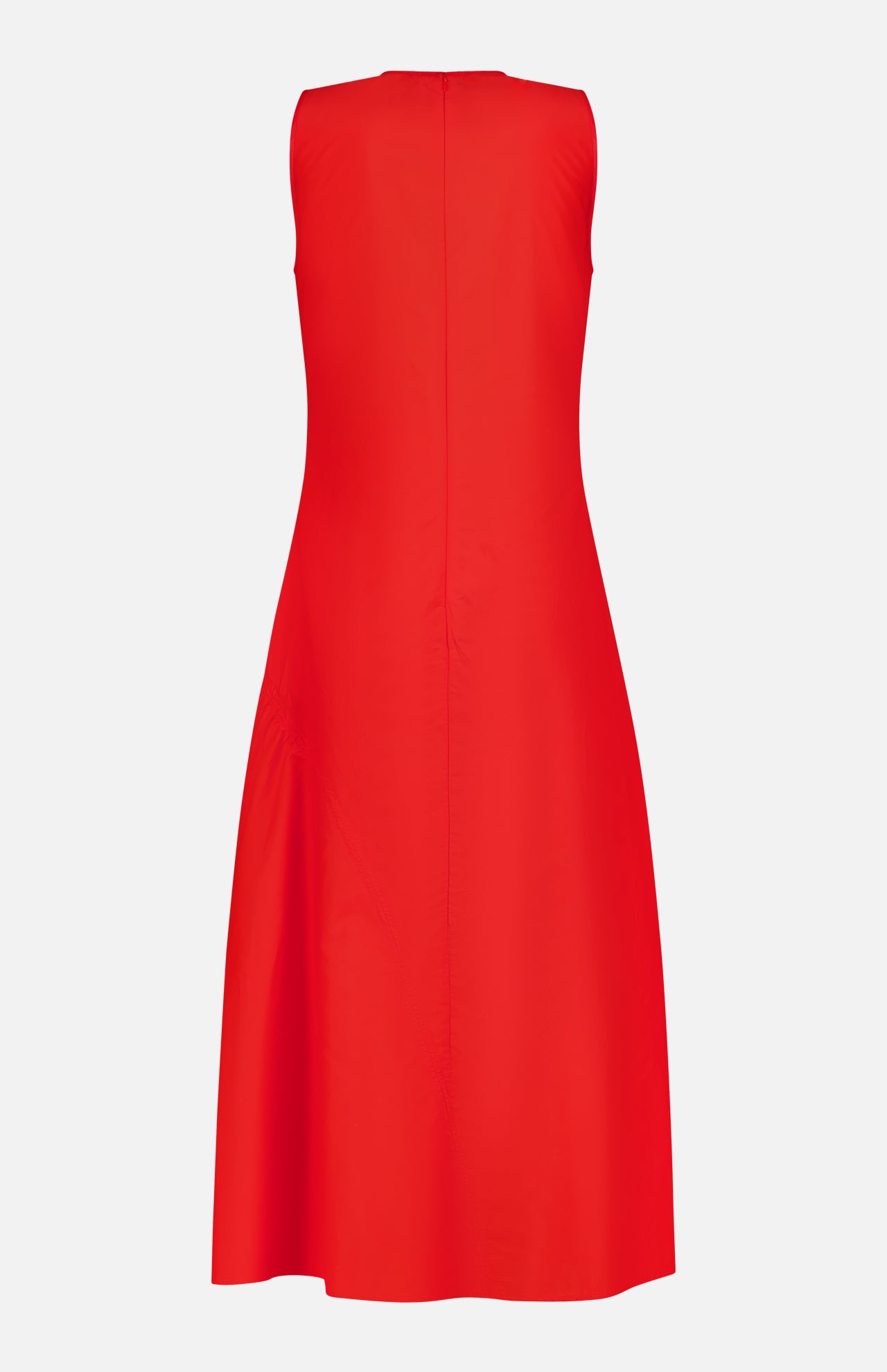 THEORY Asymmetrical Ruched Tank Dress in red, sleeveless and knee-length, shown from the back with a clean A-line silhouette and no visible embellishments—ideal for effortless casual style.