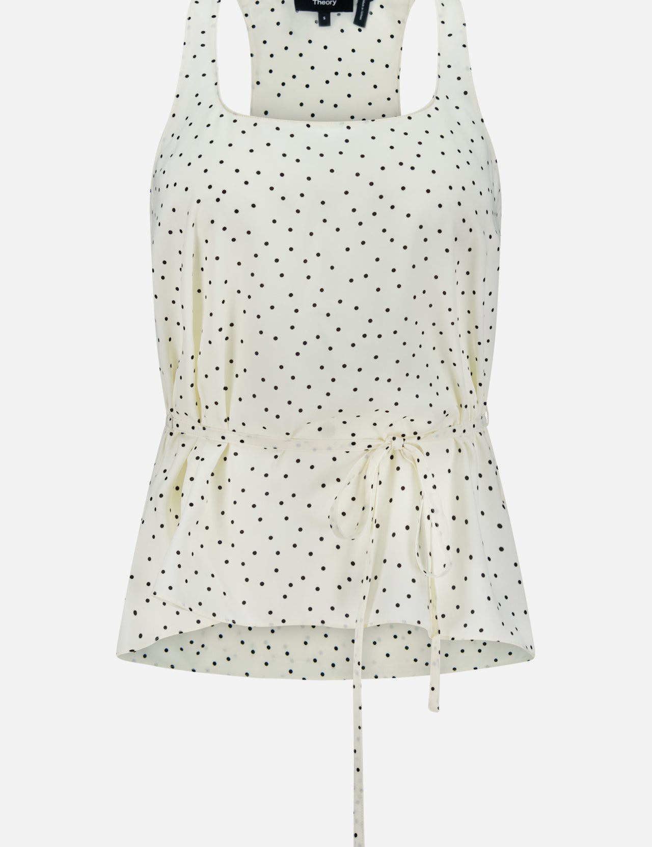 Elevate your office wear with THEORY’s Polka Dot Belted Scoop Neck Top—a crisp white blouse featuring a playful polka dot pattern, belted waist, and stylish scoop neckline.