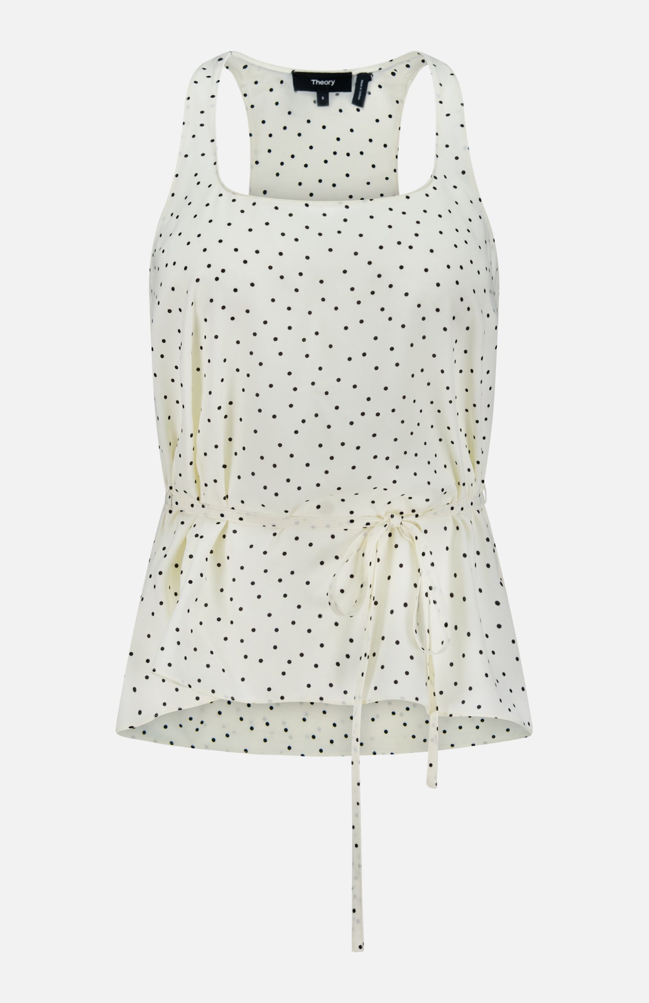 Elevate your office wear with THEORY’s Polka Dot Belted Scoop Neck Top—a crisp white blouse featuring a playful polka dot pattern, belted waist, and stylish scoop neckline.