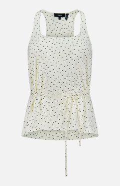 Elevate your office wear with THEORY’s Polka Dot Belted Scoop Neck Top—a crisp white blouse featuring a playful polka dot pattern, belted waist, and stylish scoop neckline.