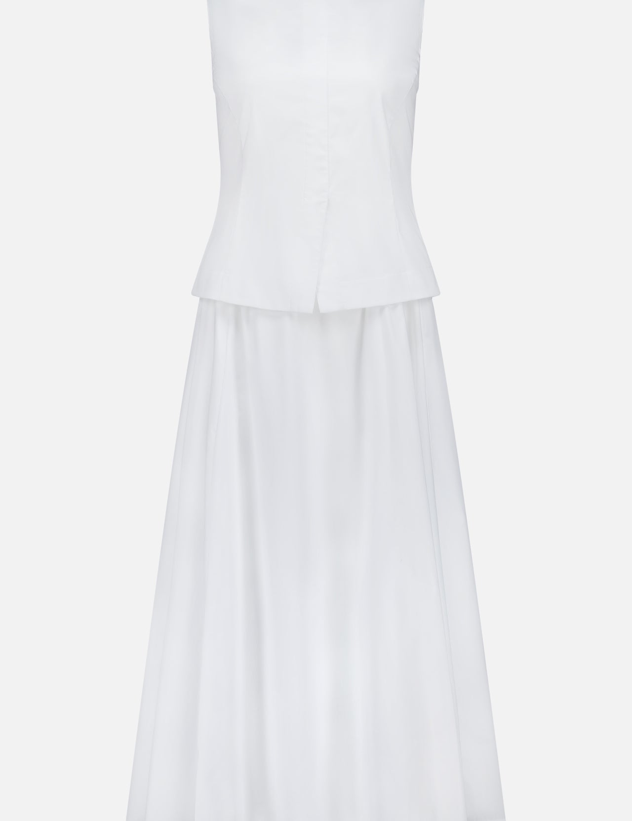 The THEORY Boatneck Set Midi Dress is a white, sleeveless cotton-blend midi with a fitted bodice and subtly flared skirt. Its simple, elegant design features no embellishments or patterns, making it perfect for effortless style.