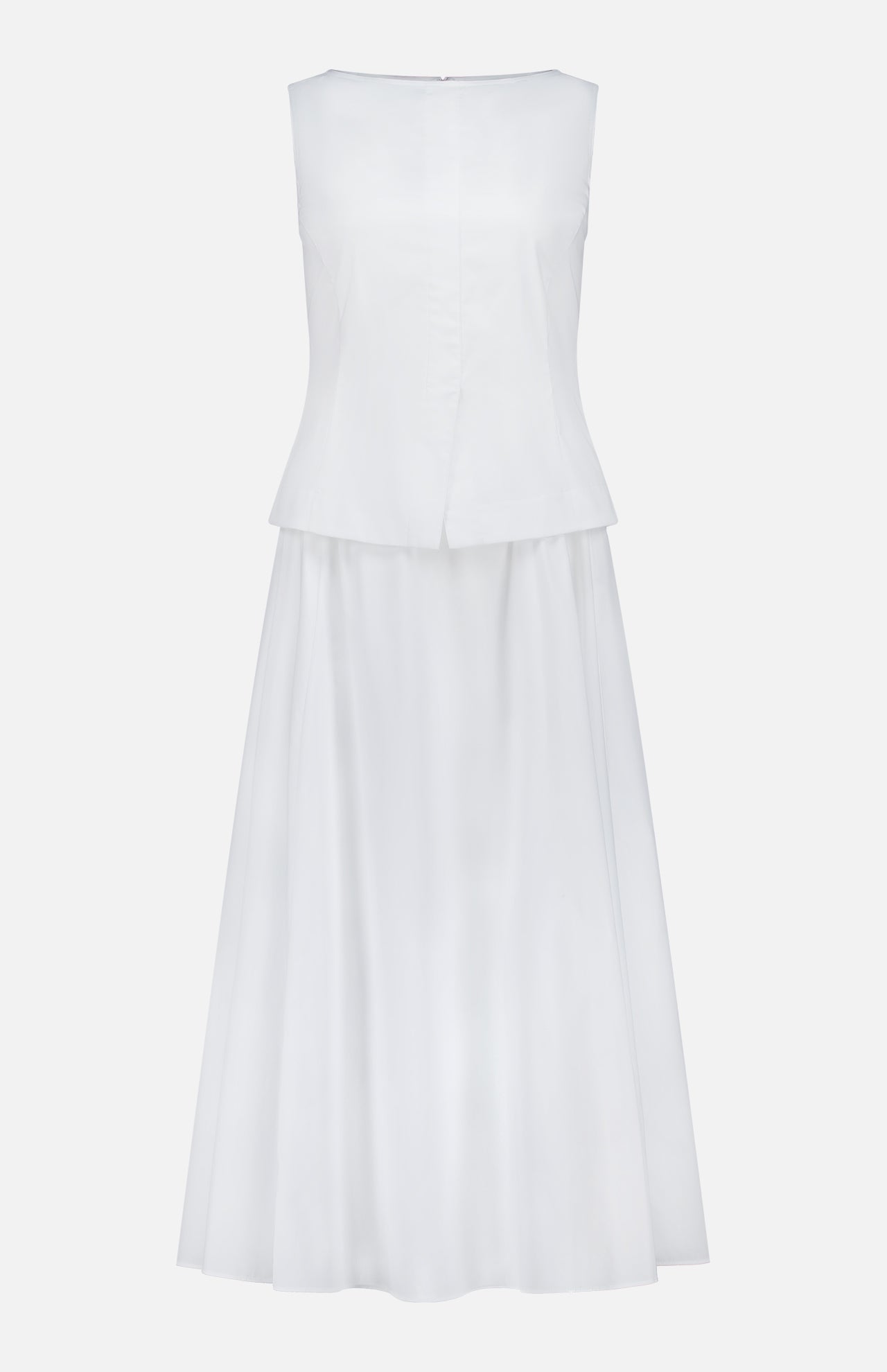 The THEORY Boatneck Set Midi Dress is a white, sleeveless cotton-blend midi with a fitted bodice and subtly flared skirt. Its simple, elegant design features no embellishments or patterns, making it perfect for effortless style.
