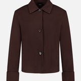 The Boxy Cuff Jacket by THEORY is a dark chocolate brown, long-sleeve, button-up wool-blend jacket with a collar and oversized cuffs, featuring a boxy fit. It is shown against a plain white background.