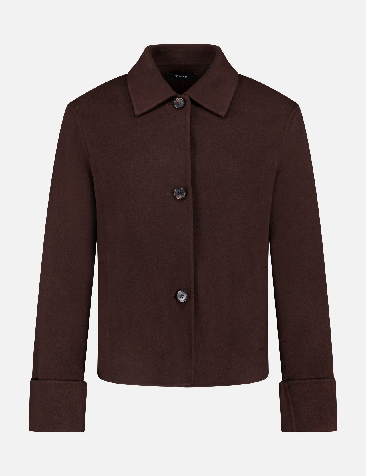 The Boxy Cuff Jacket by THEORY is a dark chocolate brown, long-sleeve, button-up wool-blend jacket with a collar and oversized cuffs, featuring a boxy fit. It is shown against a plain white background.