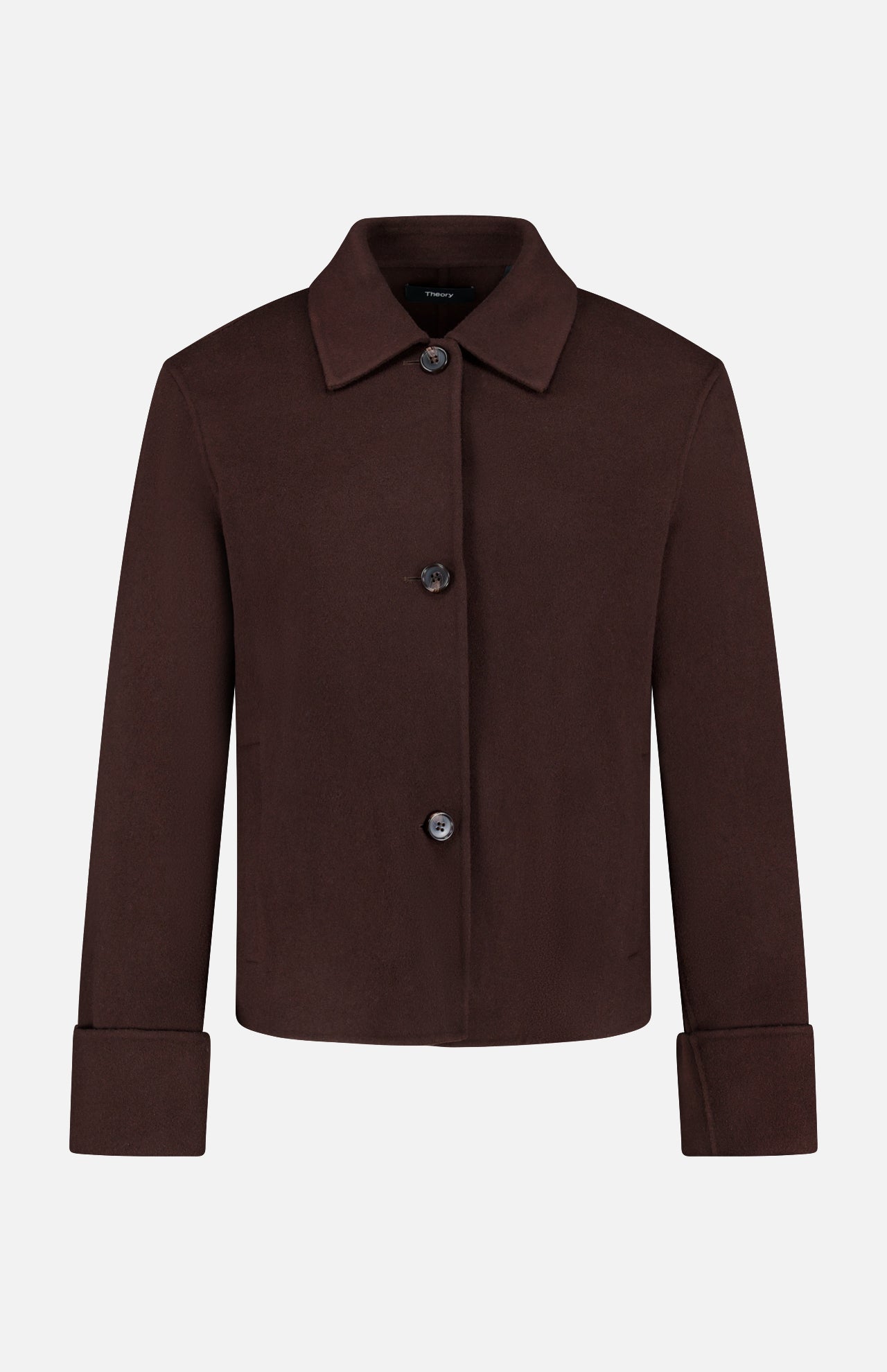 The Boxy Cuff Jacket by THEORY is a dark chocolate brown, long-sleeve, button-up wool-blend jacket with a collar and oversized cuffs, featuring a boxy fit. It is shown against a plain white background.