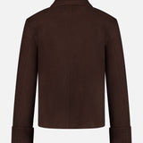 Back view of the THEORY Boxy Cuff Jacket in chocolate brown, featuring long sleeves with cuffed ends, a collar, and a boxy wool-blend silhouette, displayed against a plain white background.