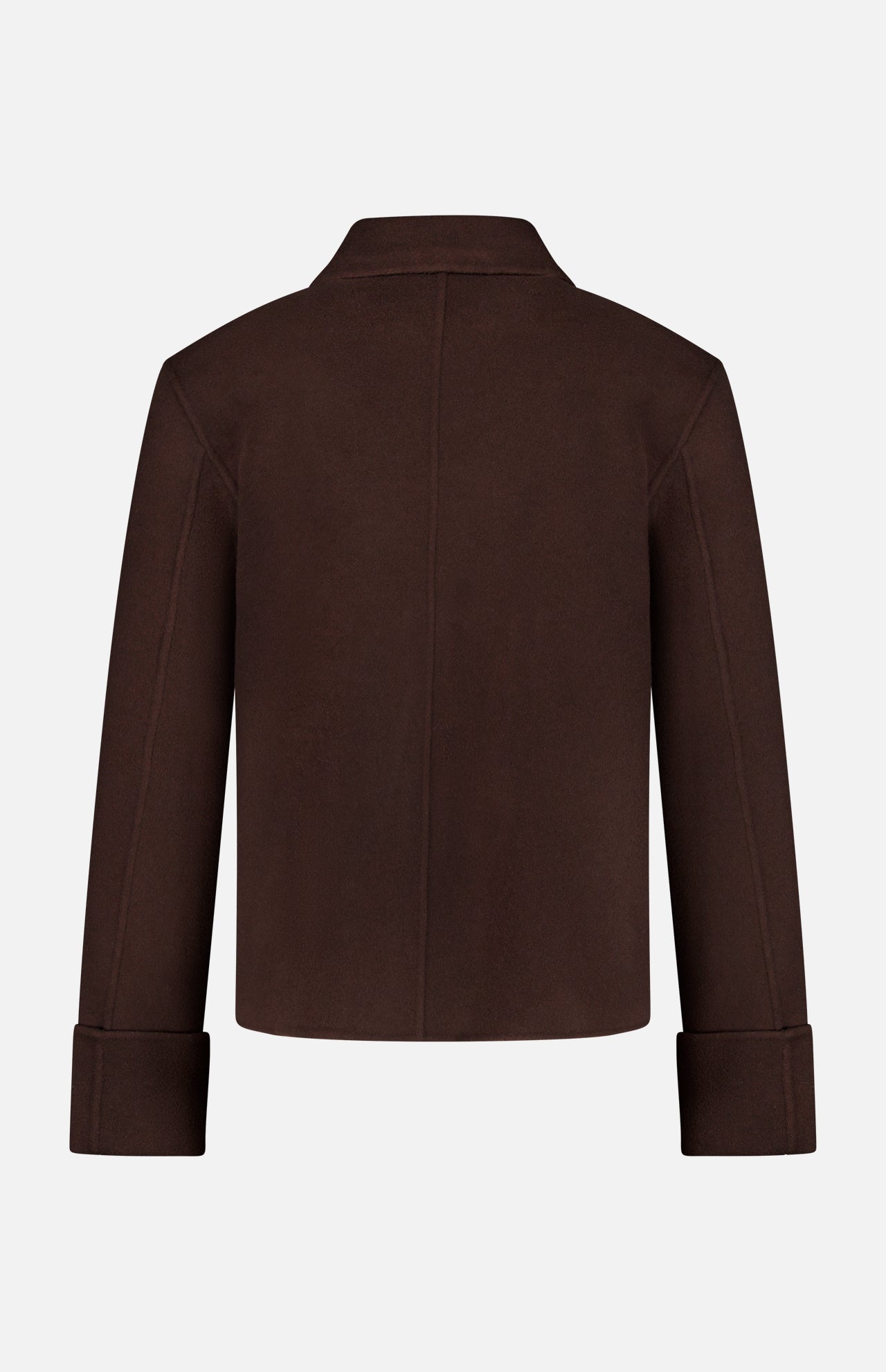 Back view of the THEORY Boxy Cuff Jacket in chocolate brown, featuring long sleeves with cuffed ends, a collar, and a boxy wool-blend silhouette, displayed against a plain white background.