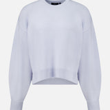 Periwinkle Theory Cashmere Crew Neck Sweater with drop shoulders and a ribbed hem.