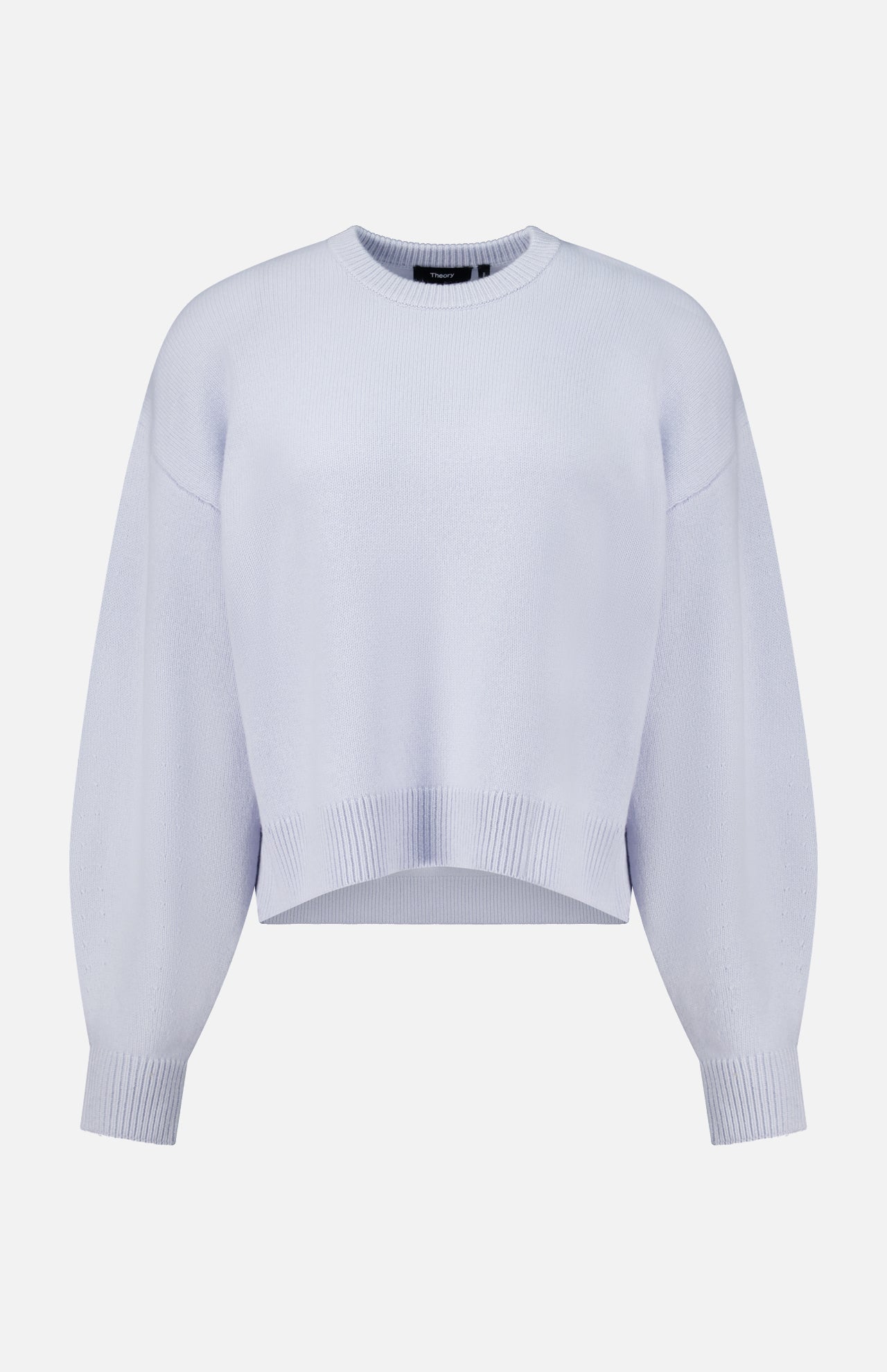 Periwinkle Theory Cashmere Crew Neck Sweater with drop shoulders and a ribbed hem.