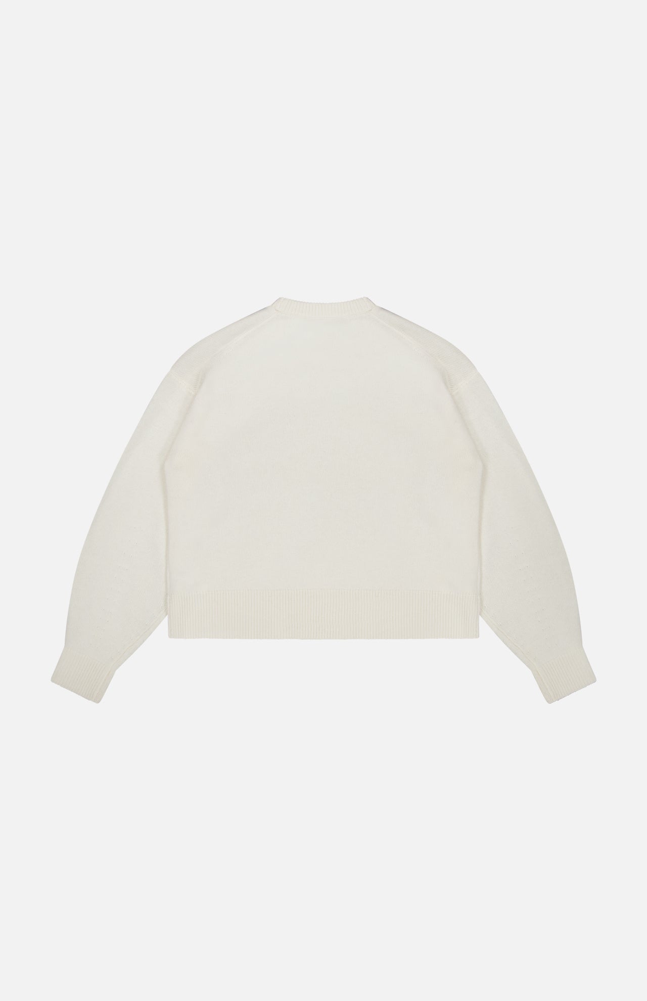 Back view of an off-white Theory Cashmere Crew Neck Sweater.