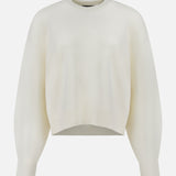 Theory off-white Cashmere Crew Neck Sweater with long sleeves and ribbed trim.