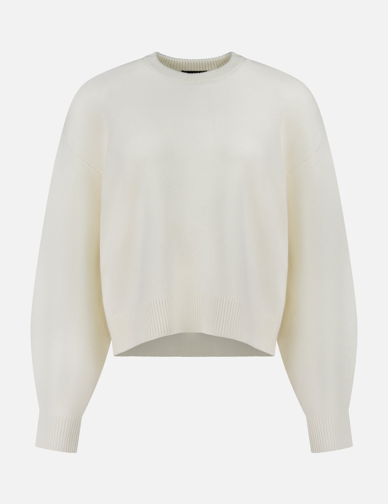 Theory off-white Cashmere Crew Neck Sweater with long sleeves and ribbed trim.
