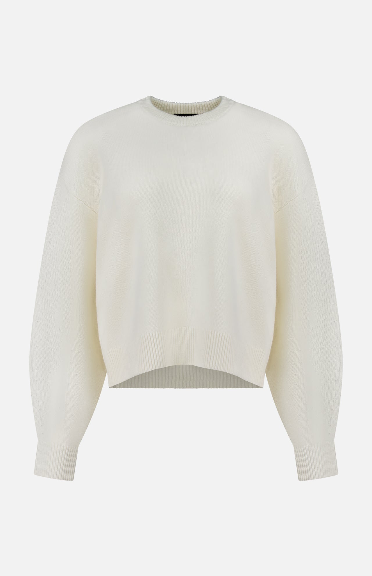 Theory off-white Cashmere Crew Neck Sweater with long sleeves and ribbed trim.