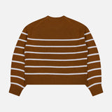 THEORY Cashmere Crewneck Pullover Sweater in brown with white horizontal stripes, featuring long sleeves and ribbed cuffs and hem, displayed flat on a white background.