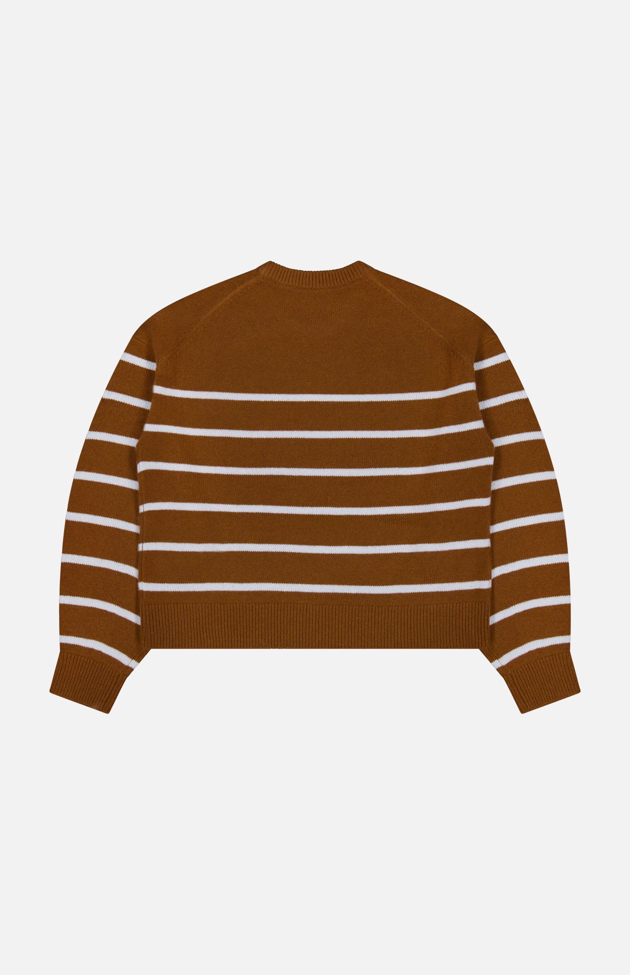 THEORY Cashmere Crewneck Pullover Sweater in brown with white horizontal stripes, featuring long sleeves and ribbed cuffs and hem, displayed flat on a white background.