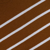 Close-up of the THEORY Cashmere Crewneck Pullover Sweater in brown, featuring evenly spaced horizontal white stripes. The fabric looks soft, with the ribbed collar of this striped pullover partially visible in the top left corner.