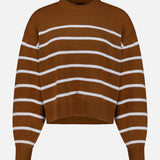 THEORY Cashmere Crewneck Pullover Sweater in brown, featuring white horizontal stripes, long sleeves, ribbed cuffs and hem, and a classic crew neckline, shown against a plain white background.