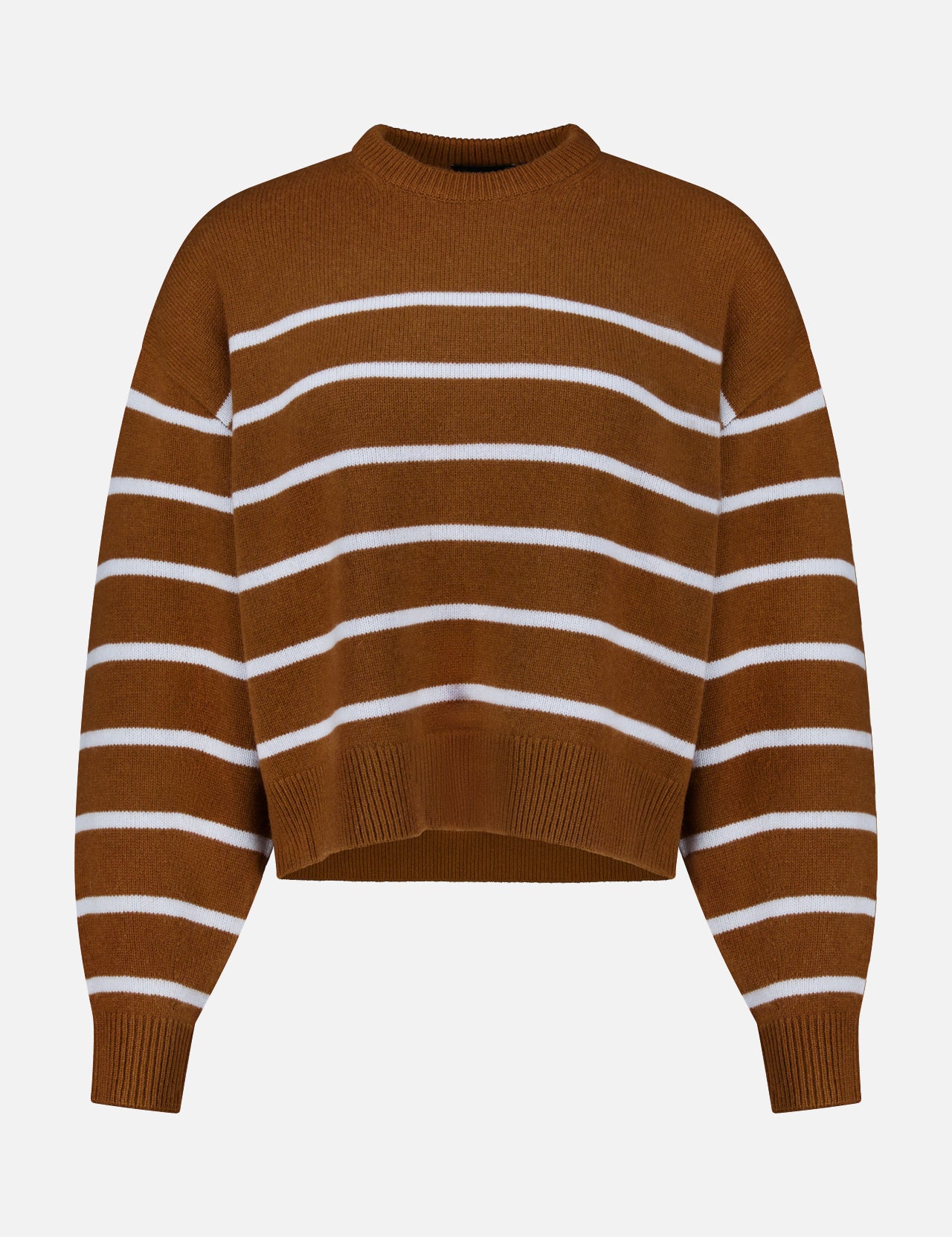 THEORY Cashmere Crewneck Pullover Sweater in brown, featuring white horizontal stripes, long sleeves, ribbed cuffs and hem, and a classic crew neckline, shown against a plain white background.
