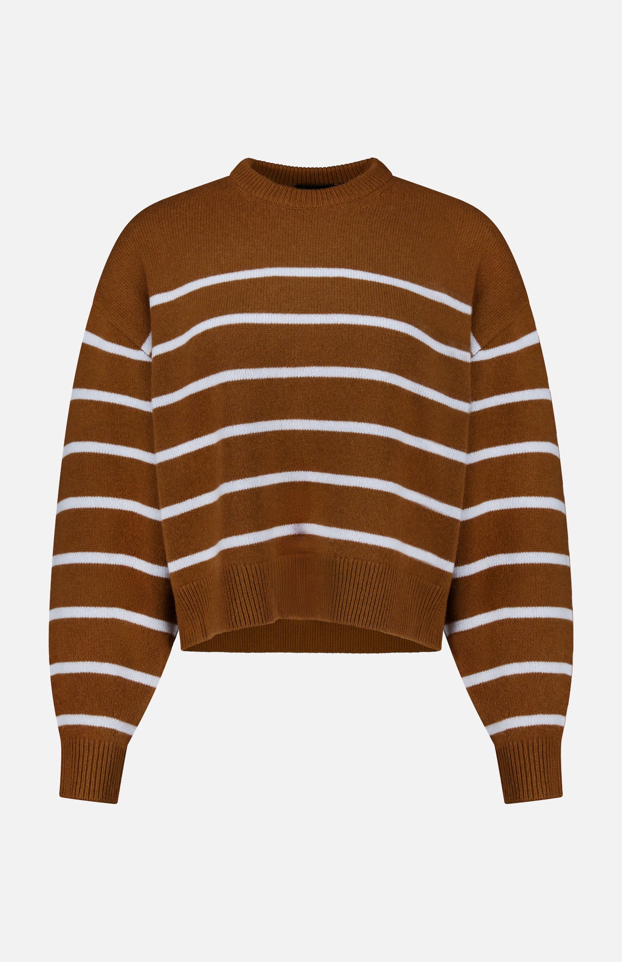 THEORY Cashmere Crewneck Pullover Sweater in brown, featuring white horizontal stripes, long sleeves, ribbed cuffs and hem, and a classic crew neckline, shown against a plain white background.