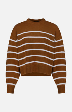THEORY Cashmere Crewneck Pullover Sweater in brown, featuring white horizontal stripes, long sleeves, ribbed cuffs and hem, and a classic crew neckline, shown against a plain white background.